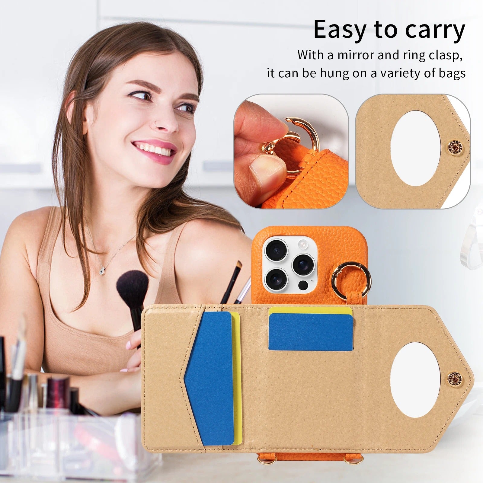 Luxury iPhone Case — PU Leather Crossbody Cover with Anti-Demagnetization Protection, Anti-Drop Design & Built-In Mirror for Hands-Free Convenience