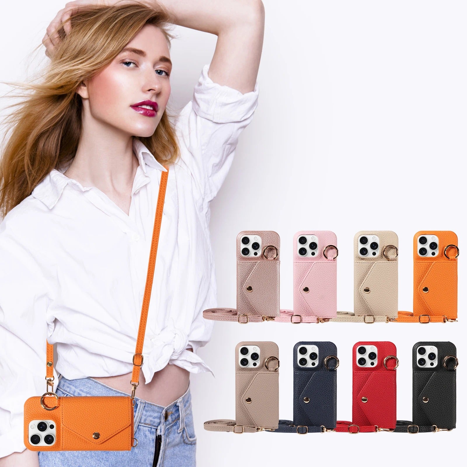 Luxury iPhone Case — PU Leather Crossbody Cover with Anti-Demagnetization Protection, Anti-Drop Design & Built-In Mirror for Hands-Free Convenience