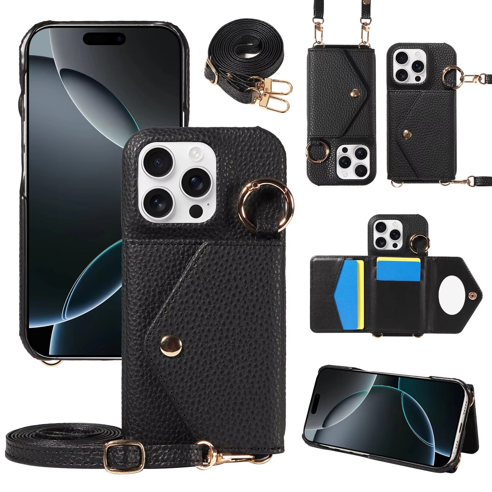 Luxury iPhone Case — PU Leather Crossbody Cover with Anti-Demagnetization Protection, Anti-Drop Design & Built-In Mirror for Hands-Free Convenience