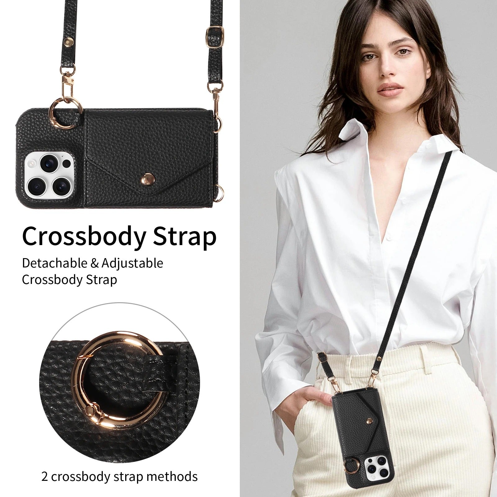 Luxury iPhone Case — PU Leather Crossbody Cover with Anti-Demagnetization Protection, Anti-Drop Design & Built-In Mirror for Hands-Free Convenience