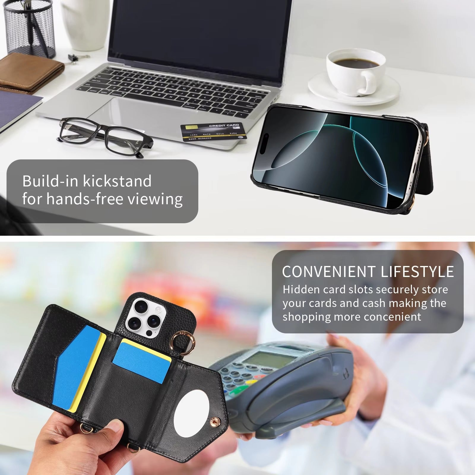 Luxury iPhone Case — PU Leather Crossbody Cover with Anti-Demagnetization Protection, Anti-Drop Design & Built-In Mirror for Hands-Free Convenience