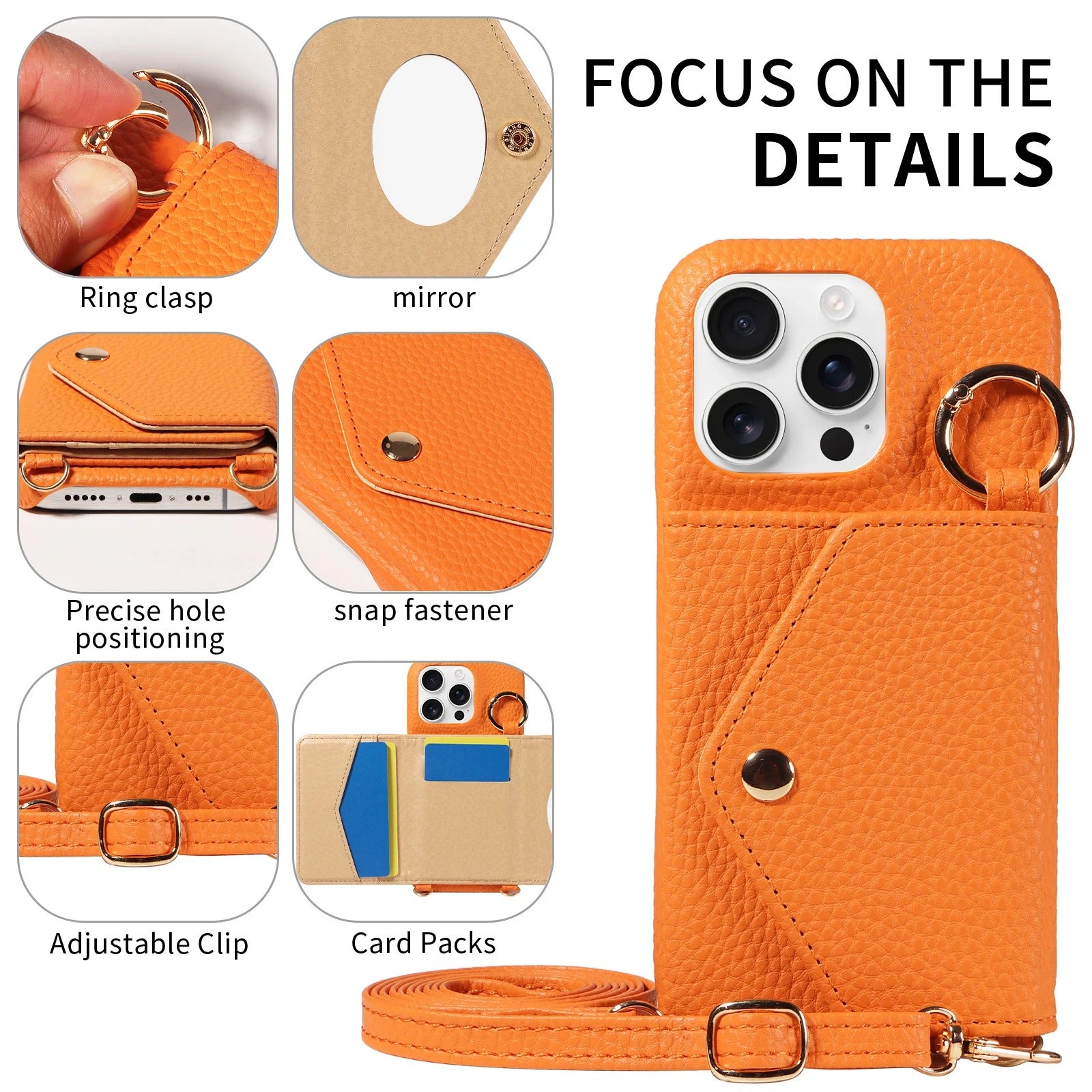 Luxury iPhone Case — PU Leather Crossbody Cover with Anti-Demagnetization Protection, Anti-Drop Design & Built-In Mirror for Hands-Free Convenience
