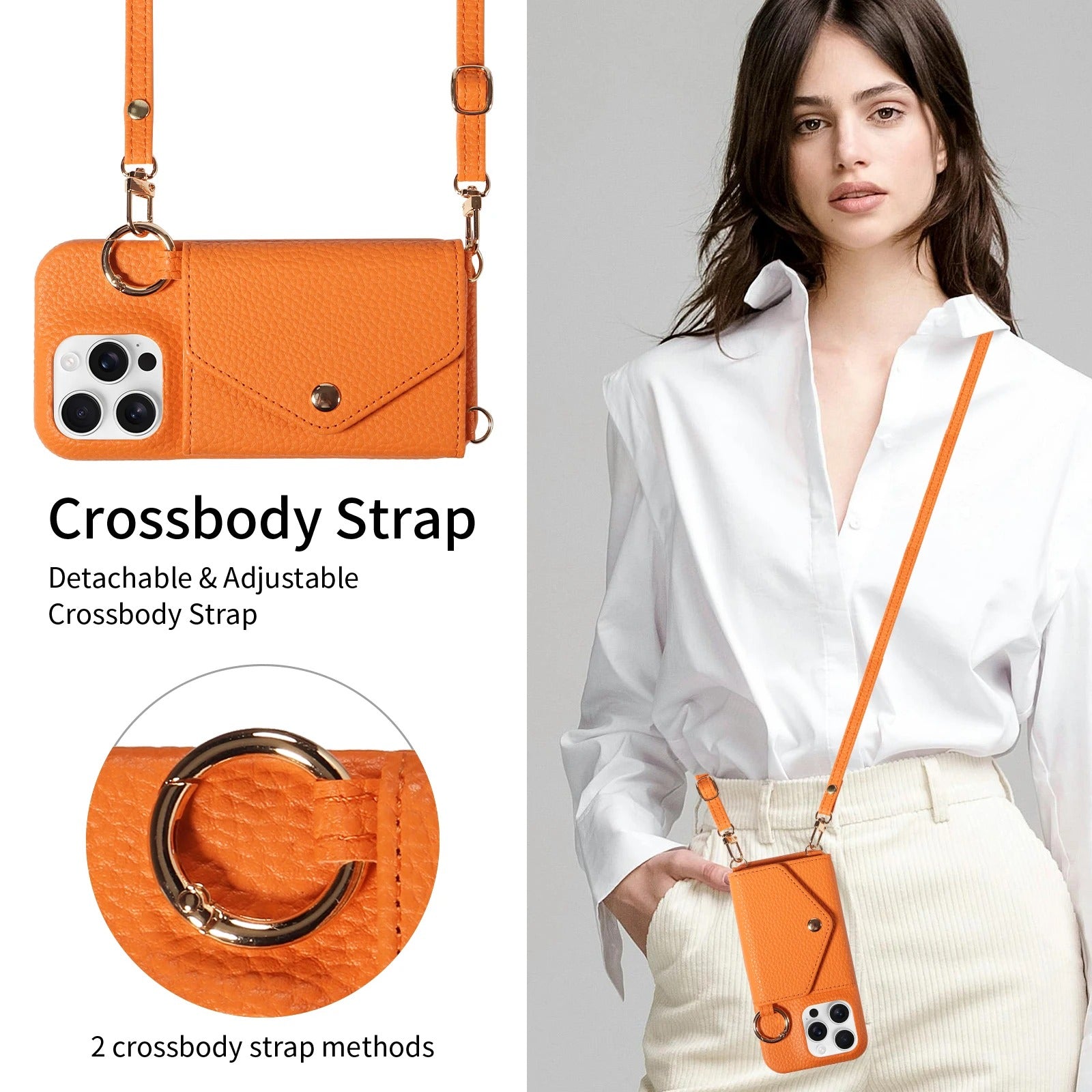 Luxury iPhone Case — PU Leather Crossbody Cover with Anti-Demagnetization Protection, Anti-Drop Design & Built-In Mirror for Hands-Free Convenience