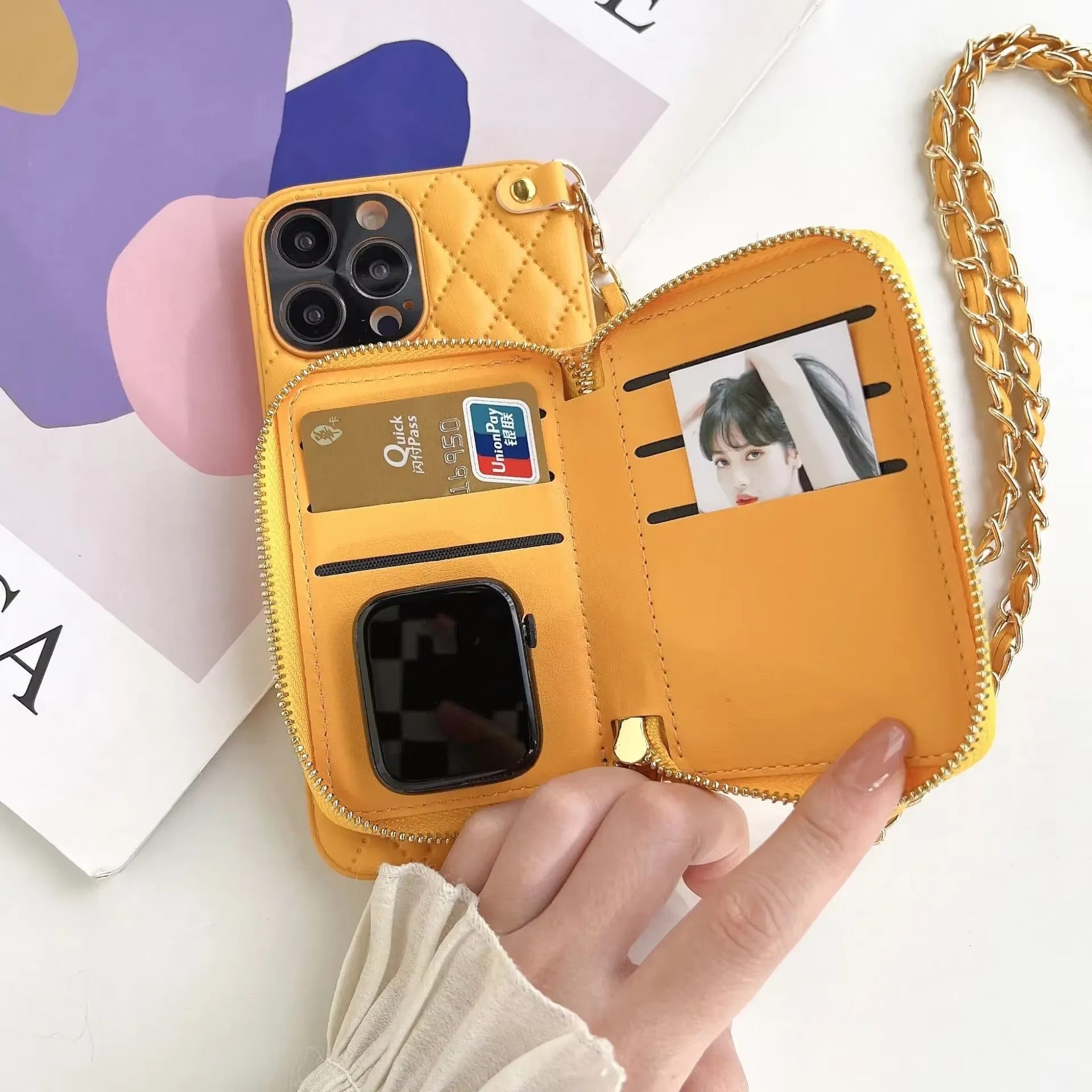 Luxury iPhone Case — PU Leather Crossbody Cover with Zipper Wallet, Card Slot Holder, Chain Strap and Shockproof Anti-Fingerprint Design