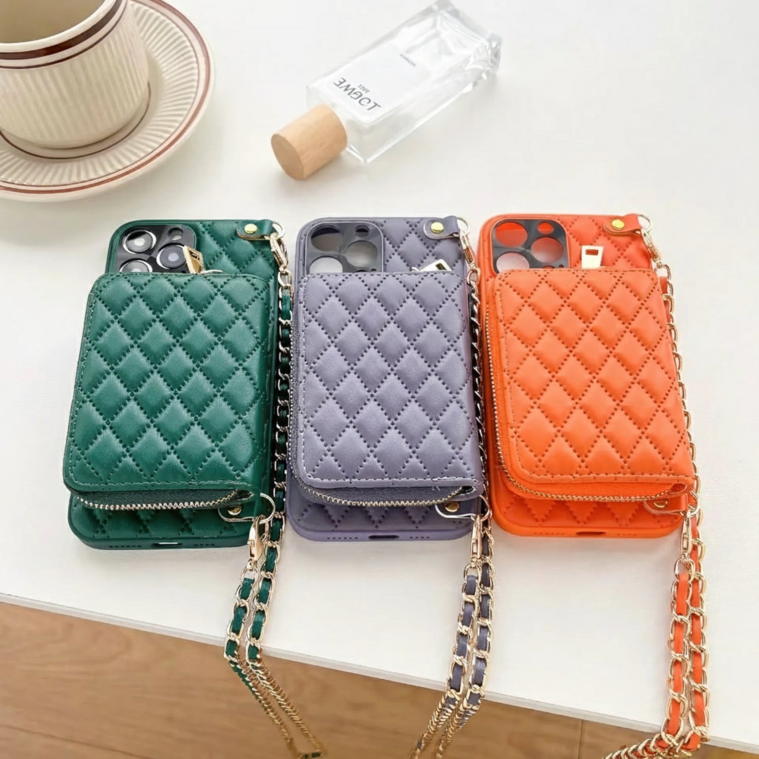 Luxury iPhone Case — PU Leather Crossbody Cover with Zipper Wallet, Card Slot Holder, Chain Strap and Shockproof Anti-Fingerprint Design