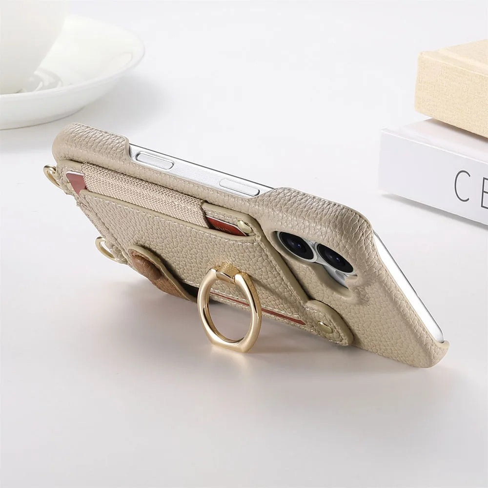 Luxury iPhone Case — PU Leather Crossbody Zipper Wallet Cover with Ring Holder, Card Slot Storage and Anti-Fingerprint Shockproof Protection