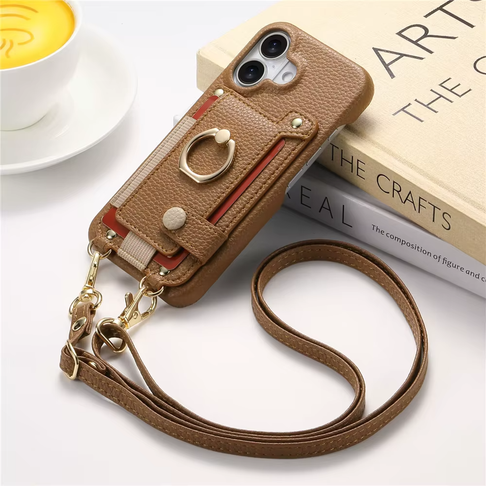 Luxury iPhone Case — PU Leather Crossbody Zipper Wallet Cover with Ring Holder, Card Slot Storage and Anti-Fingerprint Shockproof Protection