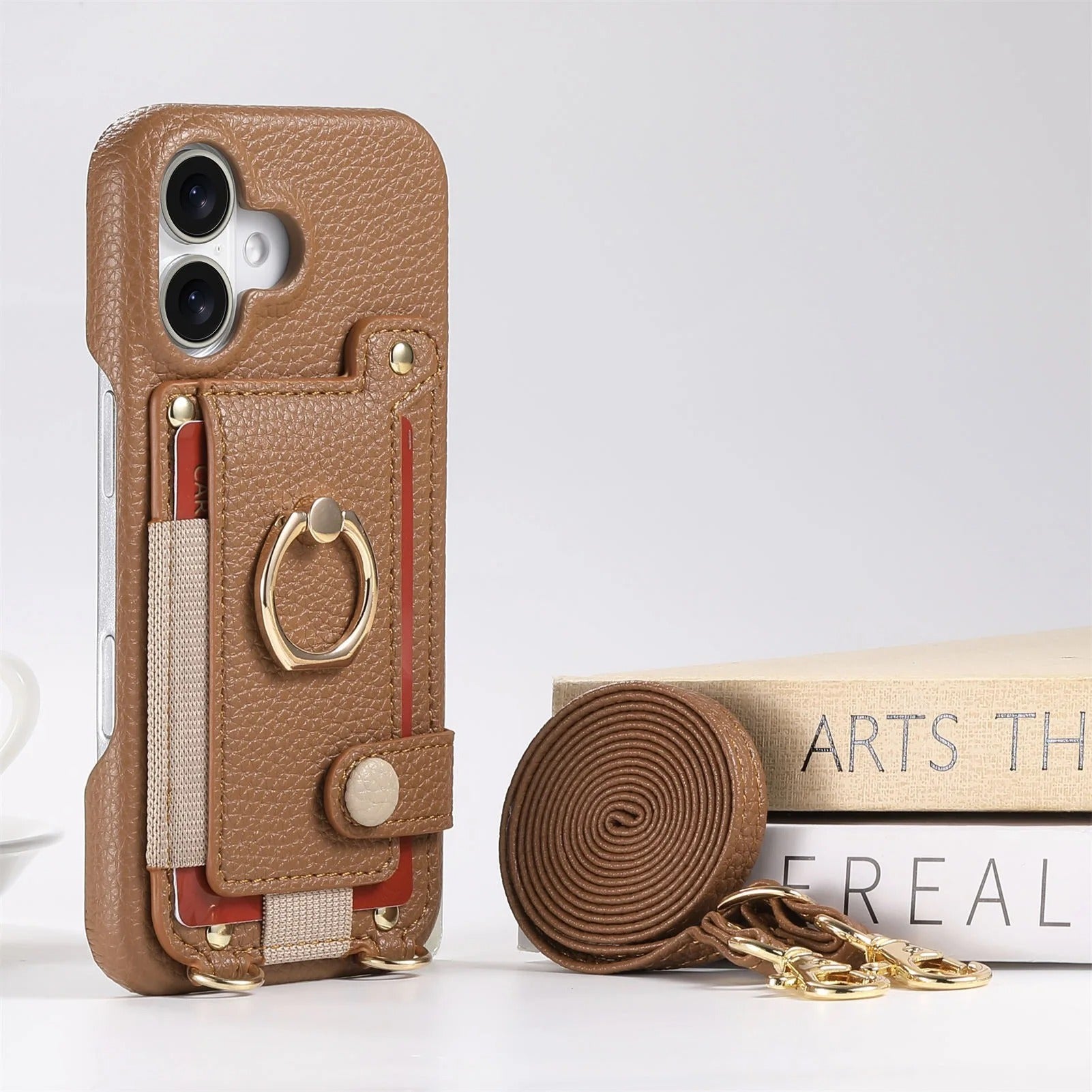 Luxury iPhone Case — PU Leather Crossbody Zipper Wallet Cover with Ring Holder, Card Slot Storage and Anti-Fingerprint Shockproof Protection