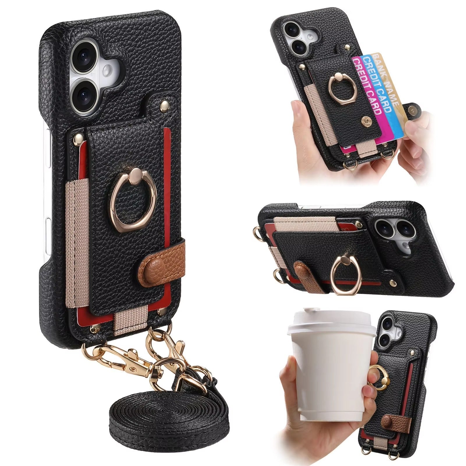 Luxury iPhone Case — PU Leather Crossbody Zipper Wallet Cover with Ring Holder, Card Slot Storage and Anti-Fingerprint Shockproof Protection