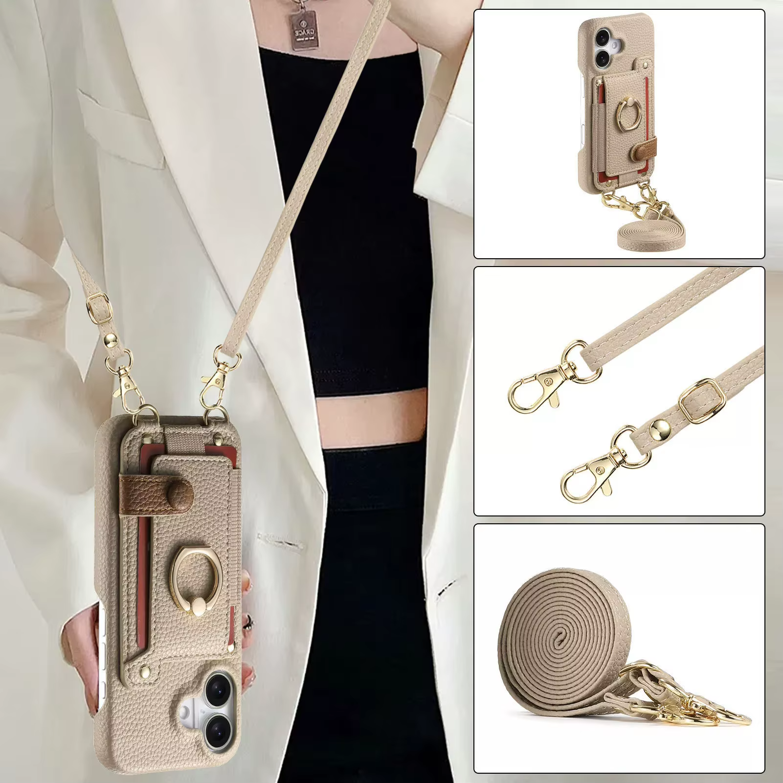 Luxury iPhone Case — PU Leather Crossbody Zipper Wallet Cover with Ring Holder, Card Slot Storage and Anti-Fingerprint Shockproof Protection