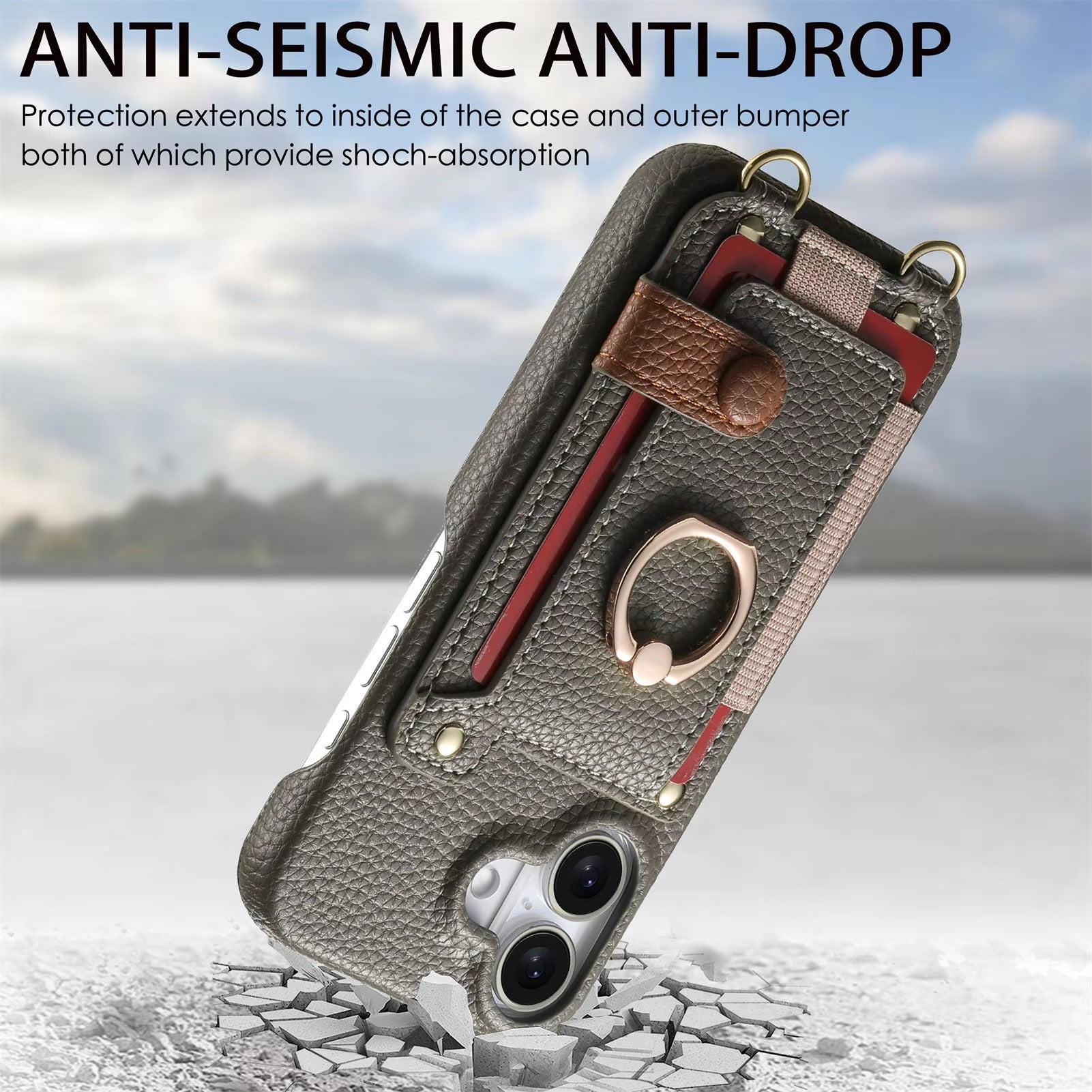 Luxury iPhone Case — PU Leather Crossbody Zipper Wallet Cover with Ring Holder, Card Slot Storage and Anti-Fingerprint Shockproof Protection