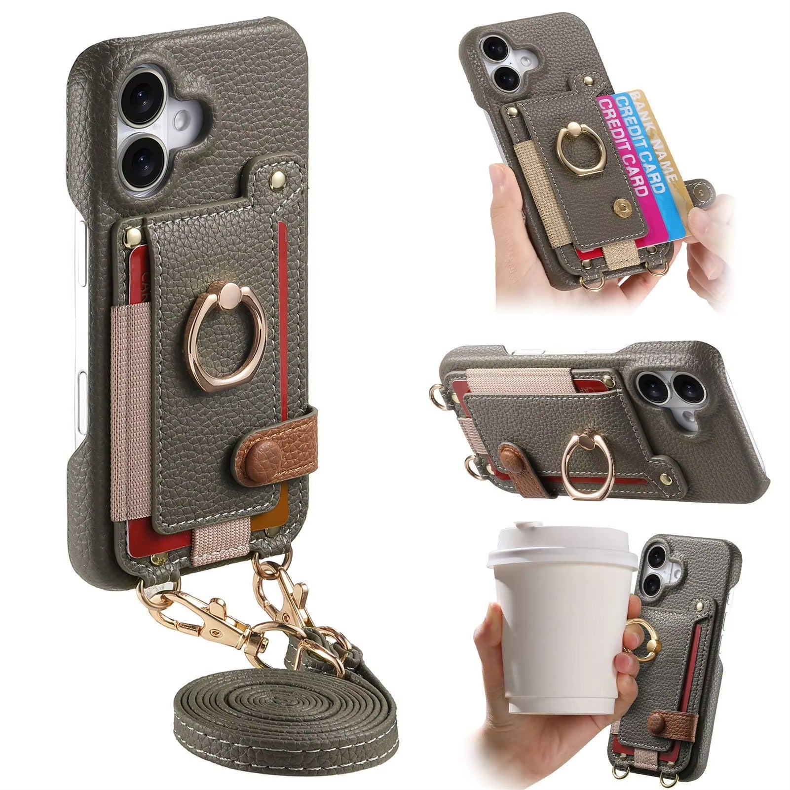 Luxury iPhone Case — PU Leather Crossbody Zipper Wallet Cover with Ring Holder, Card Slot Storage and Anti-Fingerprint Shockproof Protection