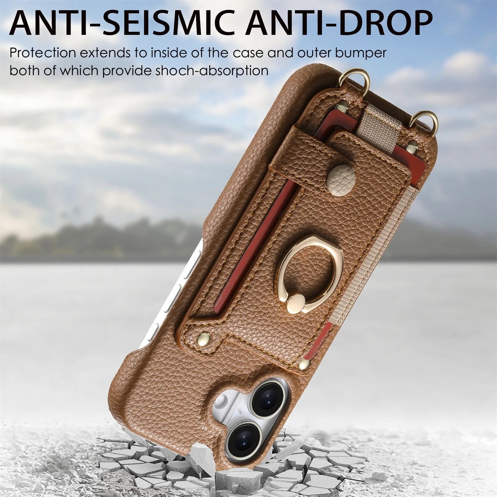 Luxury iPhone Case — PU Leather Crossbody Zipper Wallet Cover with Ring Holder, Card Slot Storage and Anti-Fingerprint Shockproof Protection