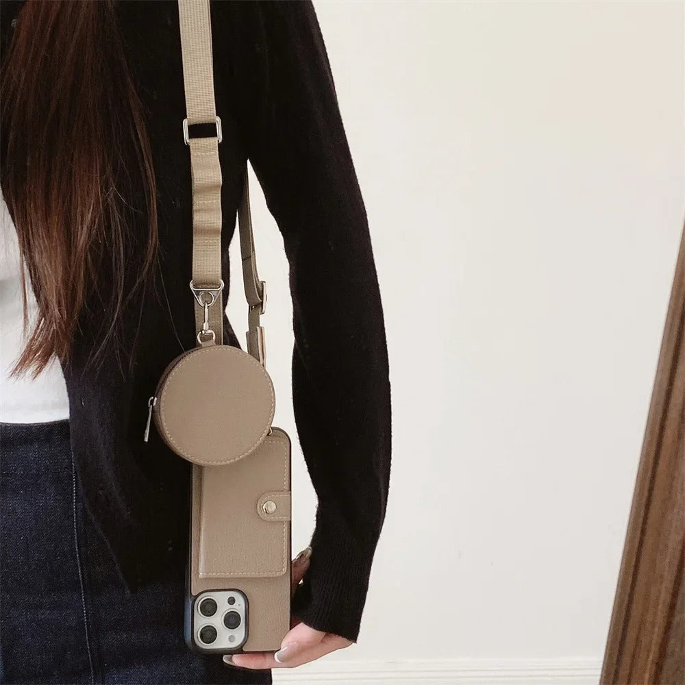 Luxury iPhone Case — PU Leather Crossbody Wallet Cover with Card Slot & Coin Purse, Shockproof Anti-Scratch Protection and Secure Lanyard Design