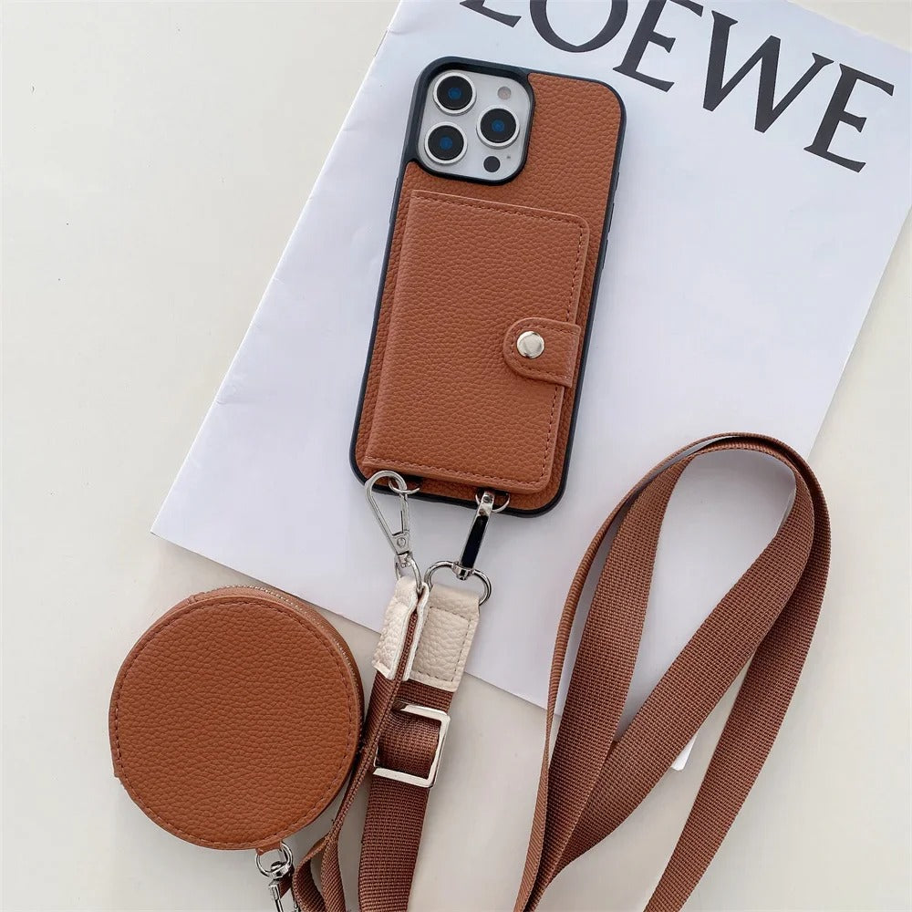 Luxury iPhone Case — PU Leather Crossbody Wallet Cover with Card Slot & Coin Purse, Shockproof Anti-Scratch Protection and Secure Lanyard Design