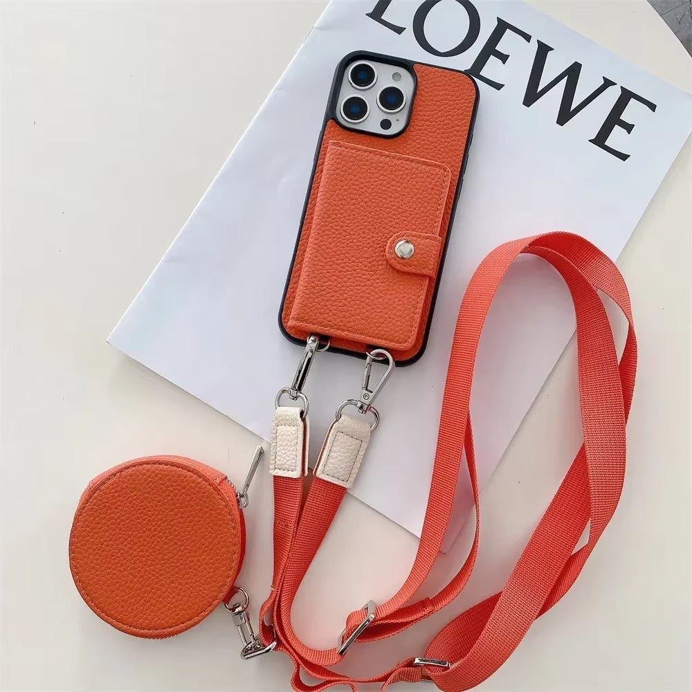 Luxury iPhone Case — PU Leather Crossbody Wallet Cover with Card Slot & Coin Purse, Shockproof Anti-Scratch Protection and Secure Lanyard Design
