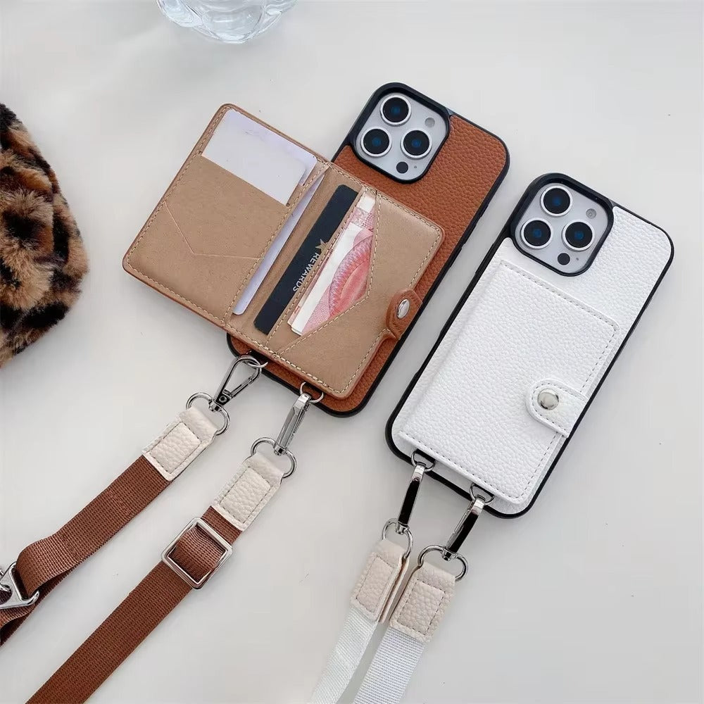 Luxury iPhone Case — PU Leather Crossbody Wallet Cover with Card Slot & Coin Purse, Shockproof Anti-Scratch Protection and Secure Lanyard Design