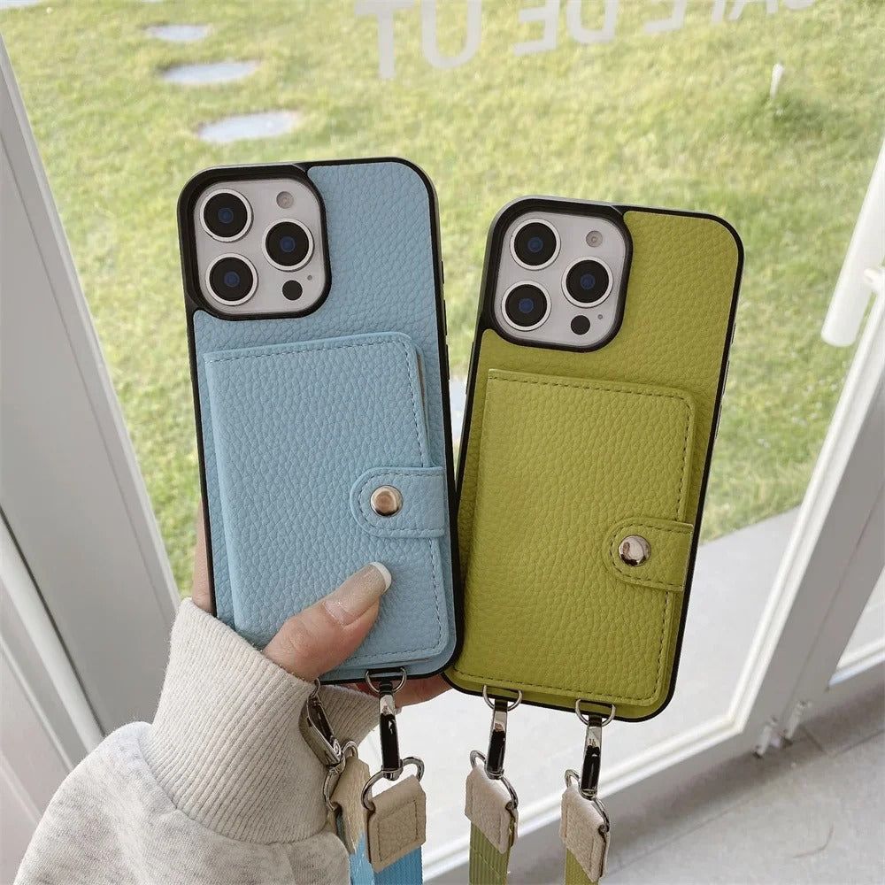 Luxury iPhone Case — PU Leather Crossbody Wallet Cover with Card Slot & Coin Purse, Shockproof Anti-Scratch Protection and Secure Lanyard Design