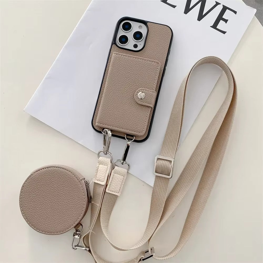 Luxury iPhone Case — PU Leather Crossbody Wallet Cover with Card Slot & Coin Purse, Shockproof Anti-Scratch Protection and Secure Lanyard Design