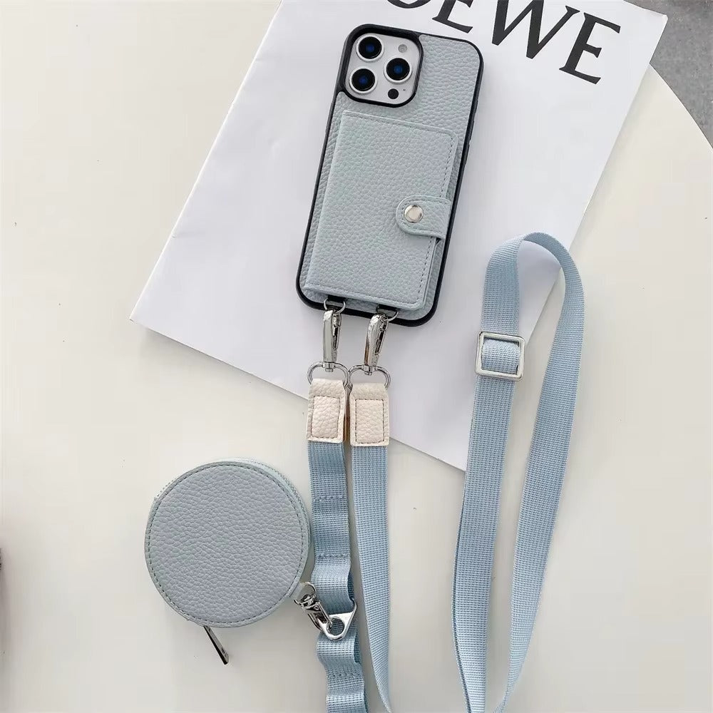 Luxury iPhone Case — PU Leather Crossbody Wallet Cover with Card Slot & Coin Purse, Shockproof Anti-Scratch Protection and Secure Lanyard Design
