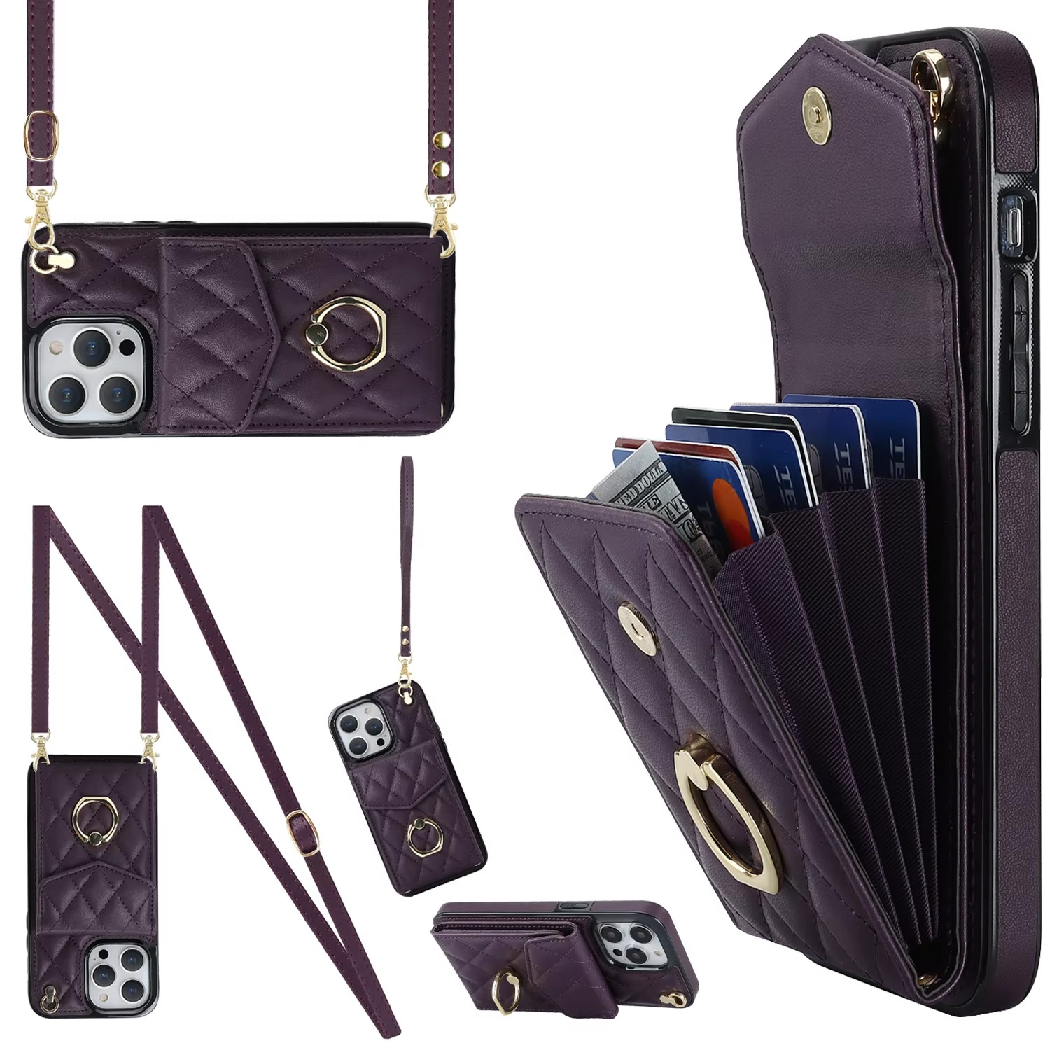 Luxury iPhone Case — PU Leather Crossbody Wallet Cover with Multi Card Slots, Ring Holder Lanyard, Magnetic Closure and Shockproof Anti-Fingerprint Protection