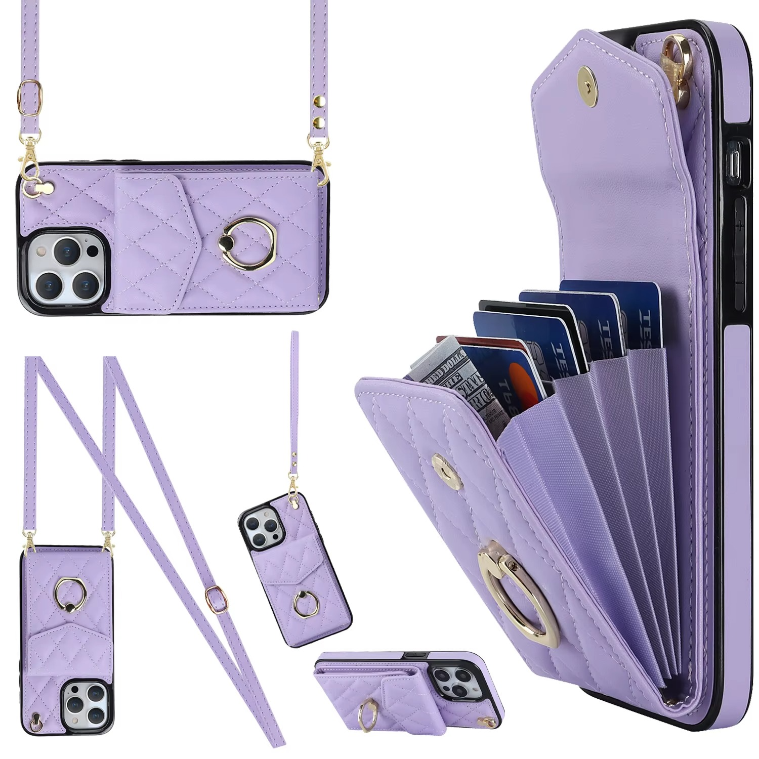 Luxury iPhone Case — PU Leather Crossbody Wallet Cover with Multi Card Slots, Ring Holder Lanyard, Magnetic Closure and Shockproof Anti-Fingerprint Protection