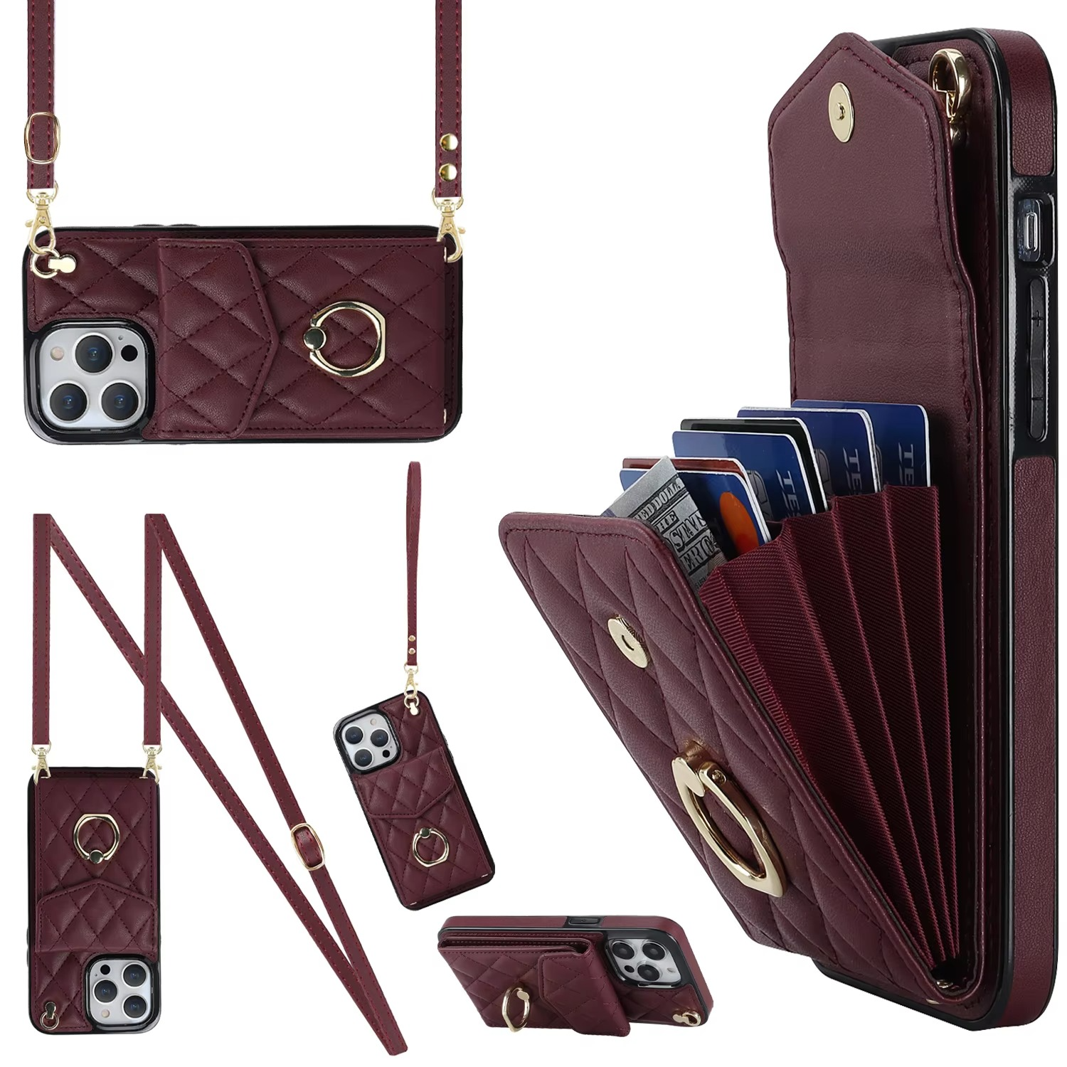 Luxury iPhone Case — PU Leather Crossbody Wallet Cover with Multi Card Slots, Ring Holder Lanyard, Magnetic Closure and Shockproof Anti-Fingerprint Protection