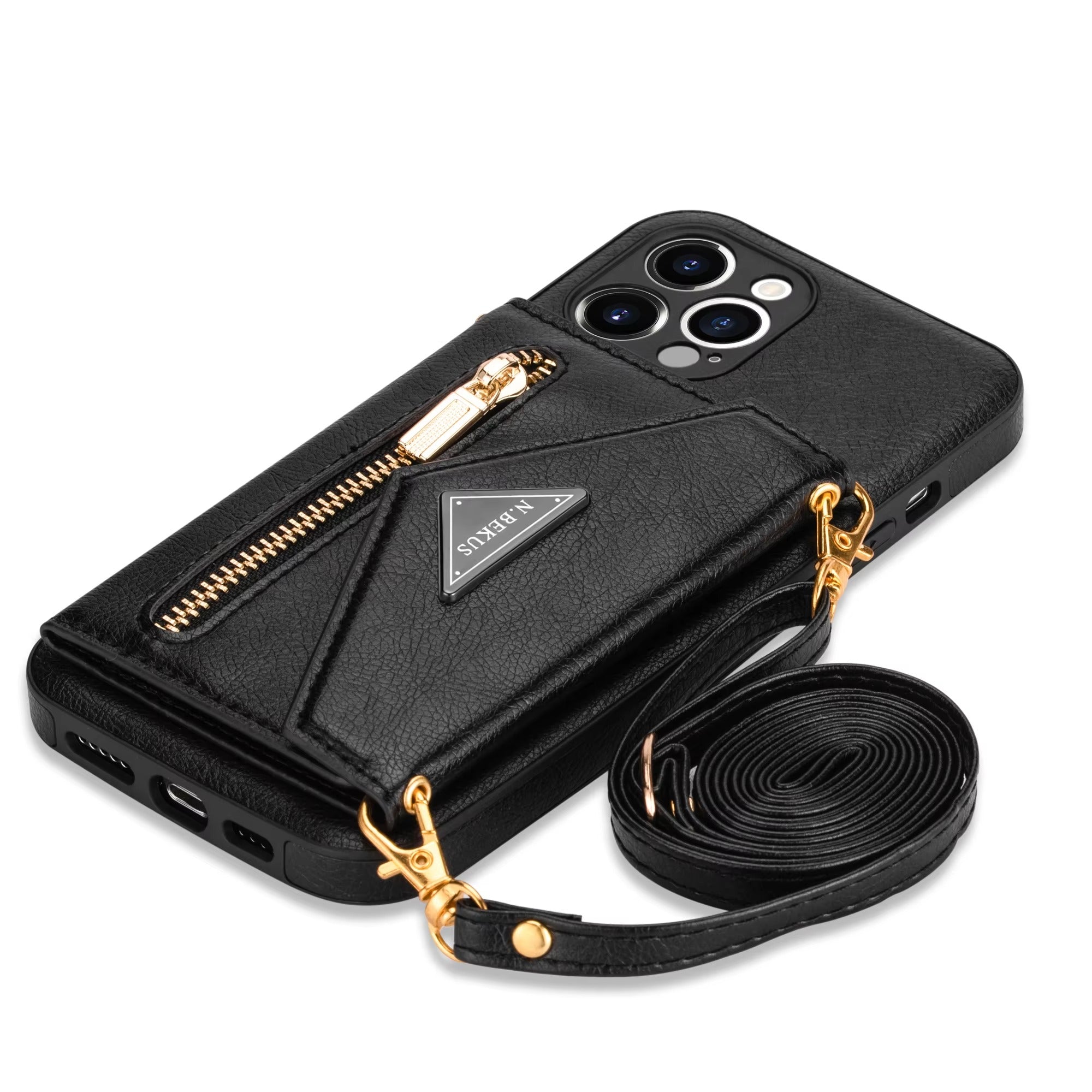 Luxury iPhone Case — PU Leather Crossbody Wallet Cover with Zipper Pocket, Card Holder, Long Lanyard Strap and Shockproof Protective Design