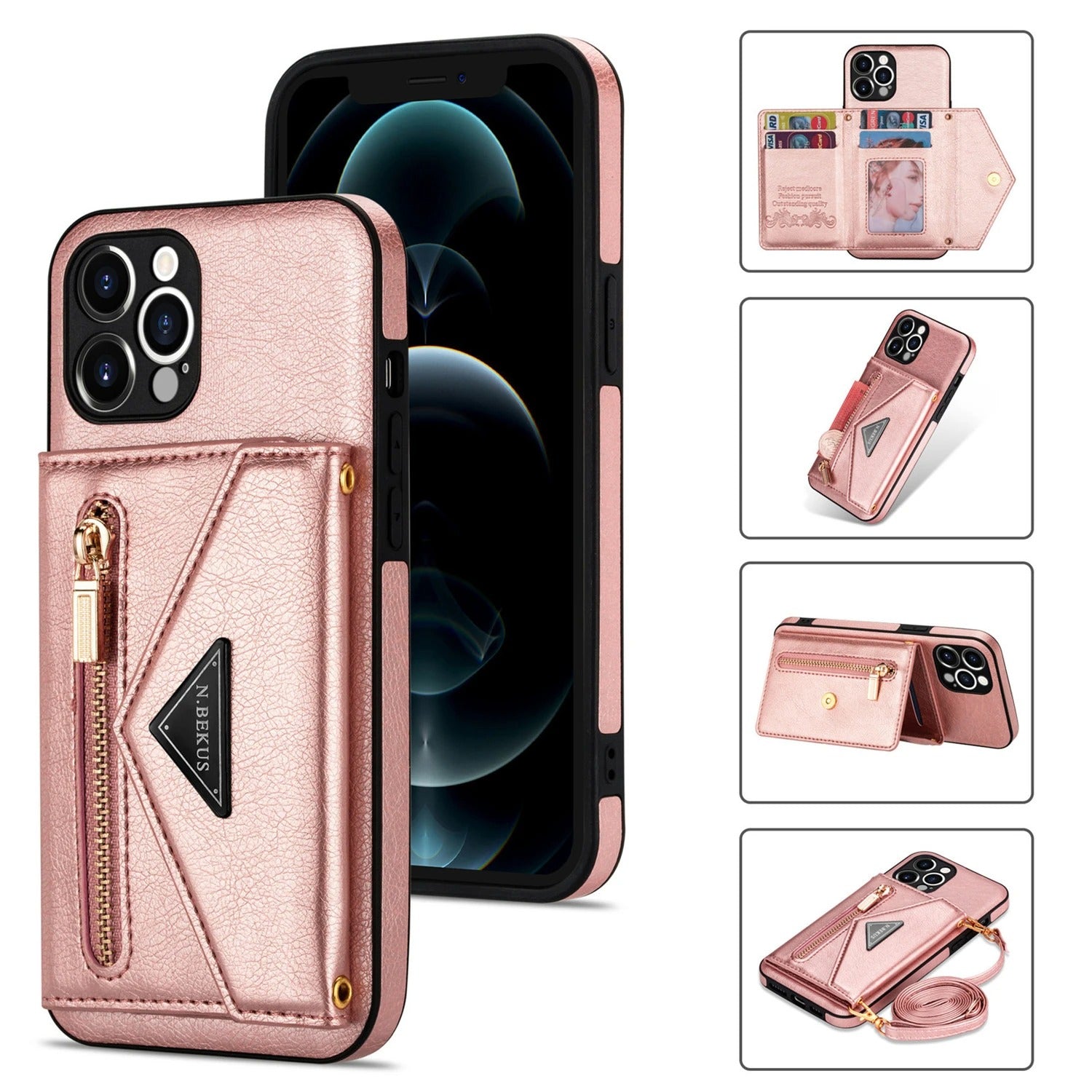 Luxury iPhone Case — PU Leather Crossbody Wallet Cover with Zipper Pocket, Card Holder, Long Lanyard Strap and Shockproof Protective Design