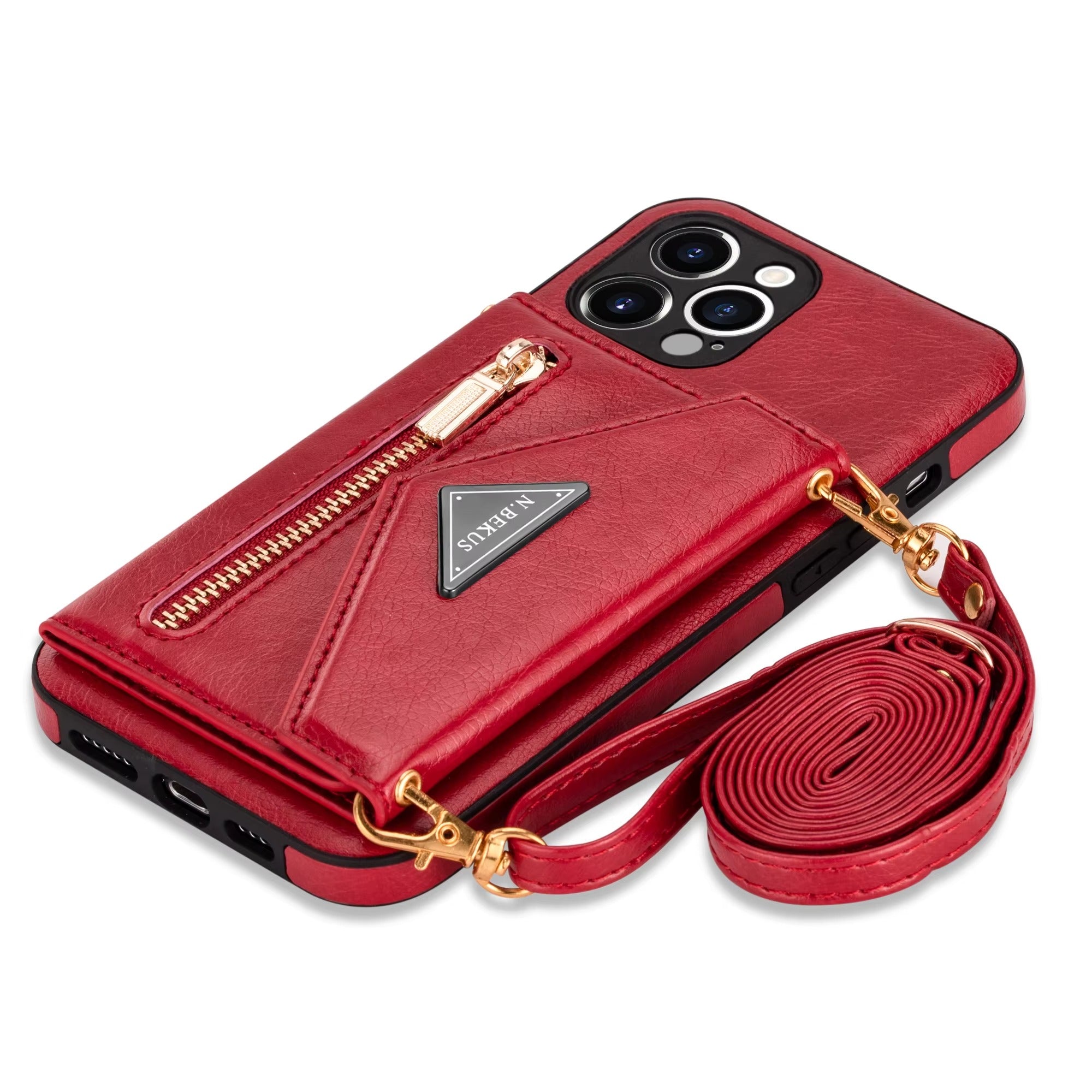 Luxury iPhone Case — PU Leather Crossbody Wallet Cover with Zipper Pocket, Card Holder, Long Lanyard Strap and Shockproof Protective Design