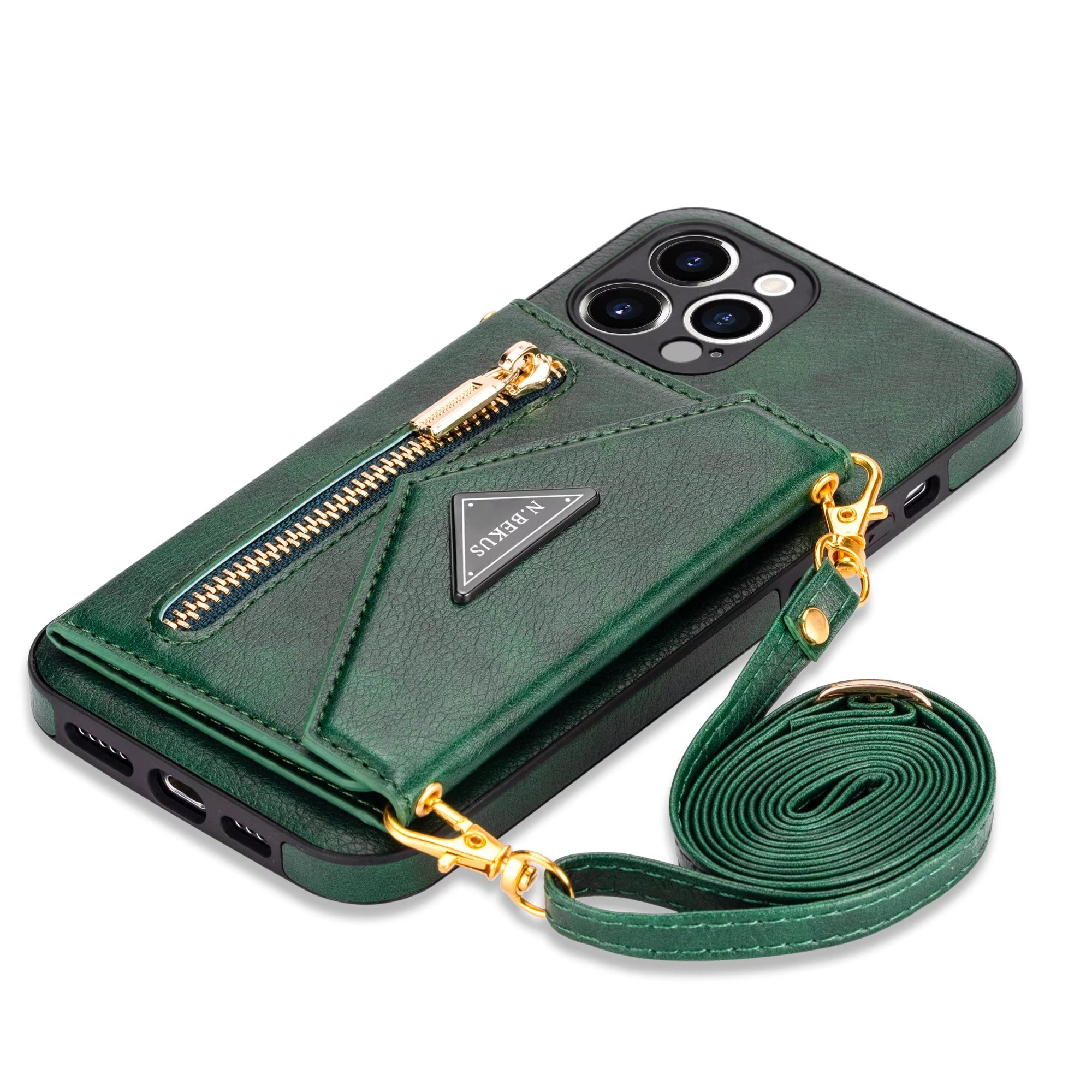 Luxury iPhone Case — PU Leather Crossbody Wallet Cover with Zipper Pocket, Card Holder, Long Lanyard Strap and Shockproof Protective Design
