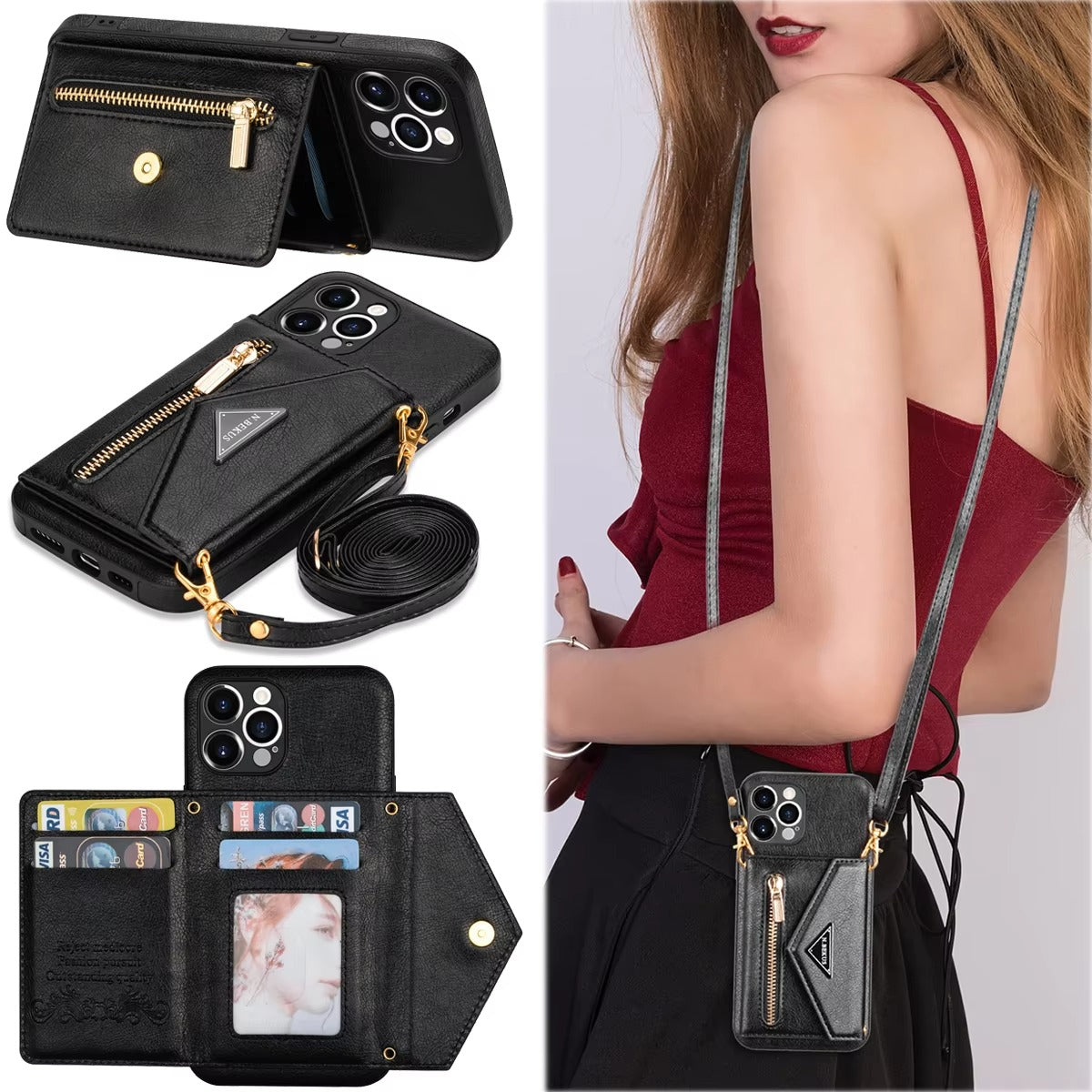 Luxury iPhone Case — PU Leather Crossbody Wallet Cover with Zipper Pocket, Card Holder, Long Lanyard Strap and Shockproof Protective Design