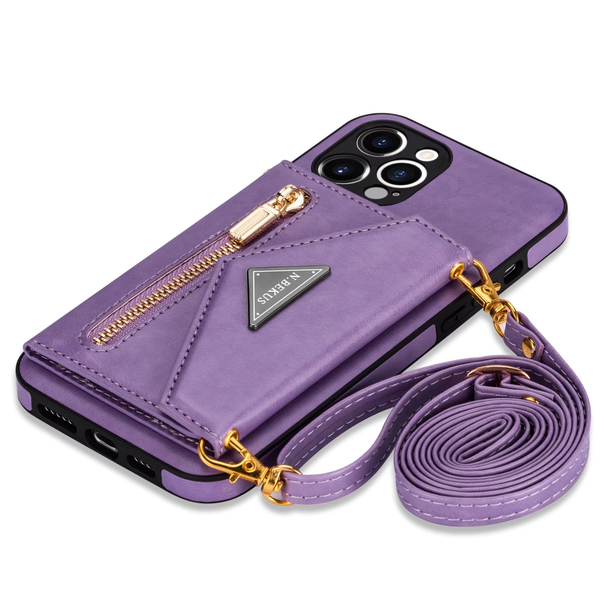 Luxury iPhone Case — PU Leather Crossbody Wallet Cover with Zipper Pocket, Card Holder, Long Lanyard Strap and Shockproof Protective Design