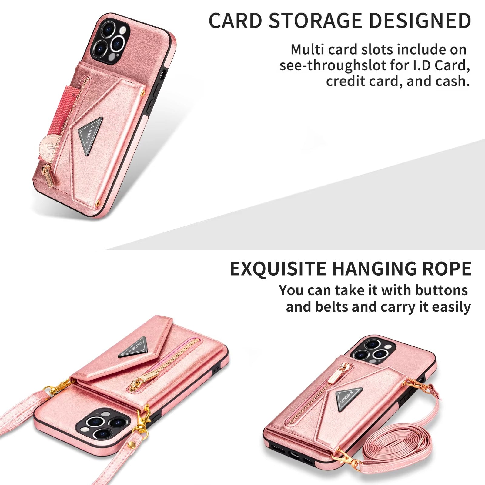 Luxury iPhone Case — PU Leather Crossbody Wallet Cover with Zipper Pocket, Card Holder, Long Lanyard Strap and Shockproof Protective Design