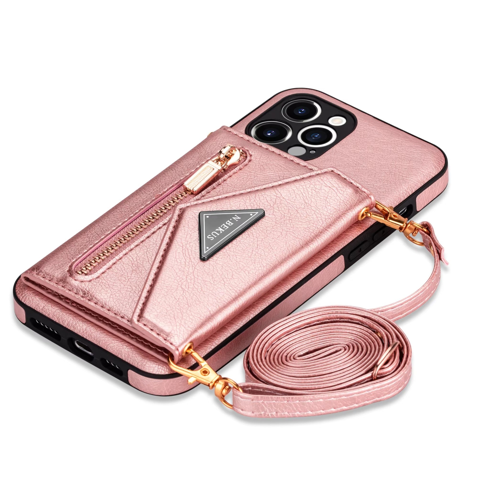 Luxury iPhone Case — PU Leather Crossbody Wallet Cover with Zipper Pocket, Card Holder, Long Lanyard Strap and Shockproof Protective Design