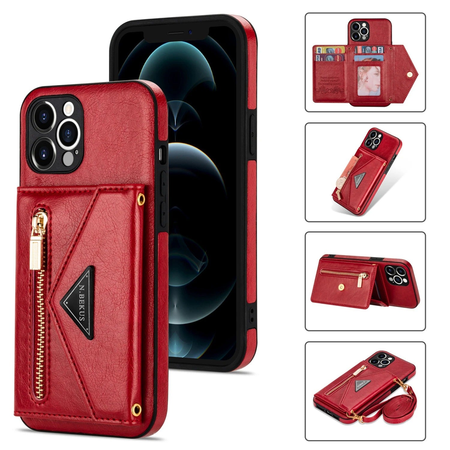 Luxury iPhone Case — PU Leather Crossbody Wallet Cover with Zipper Pocket, Card Holder, Long Lanyard Strap and Shockproof Protective Design