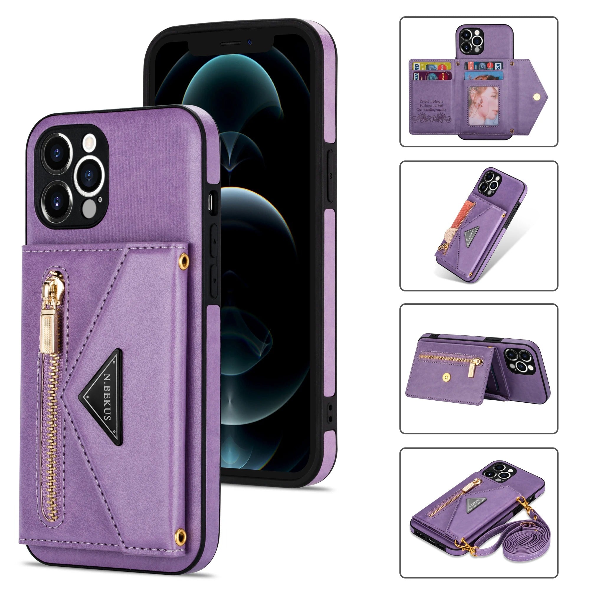 Luxury iPhone Case — PU Leather Crossbody Wallet Cover with Zipper Pocket, Card Holder, Long Lanyard Strap and Shockproof Protective Design