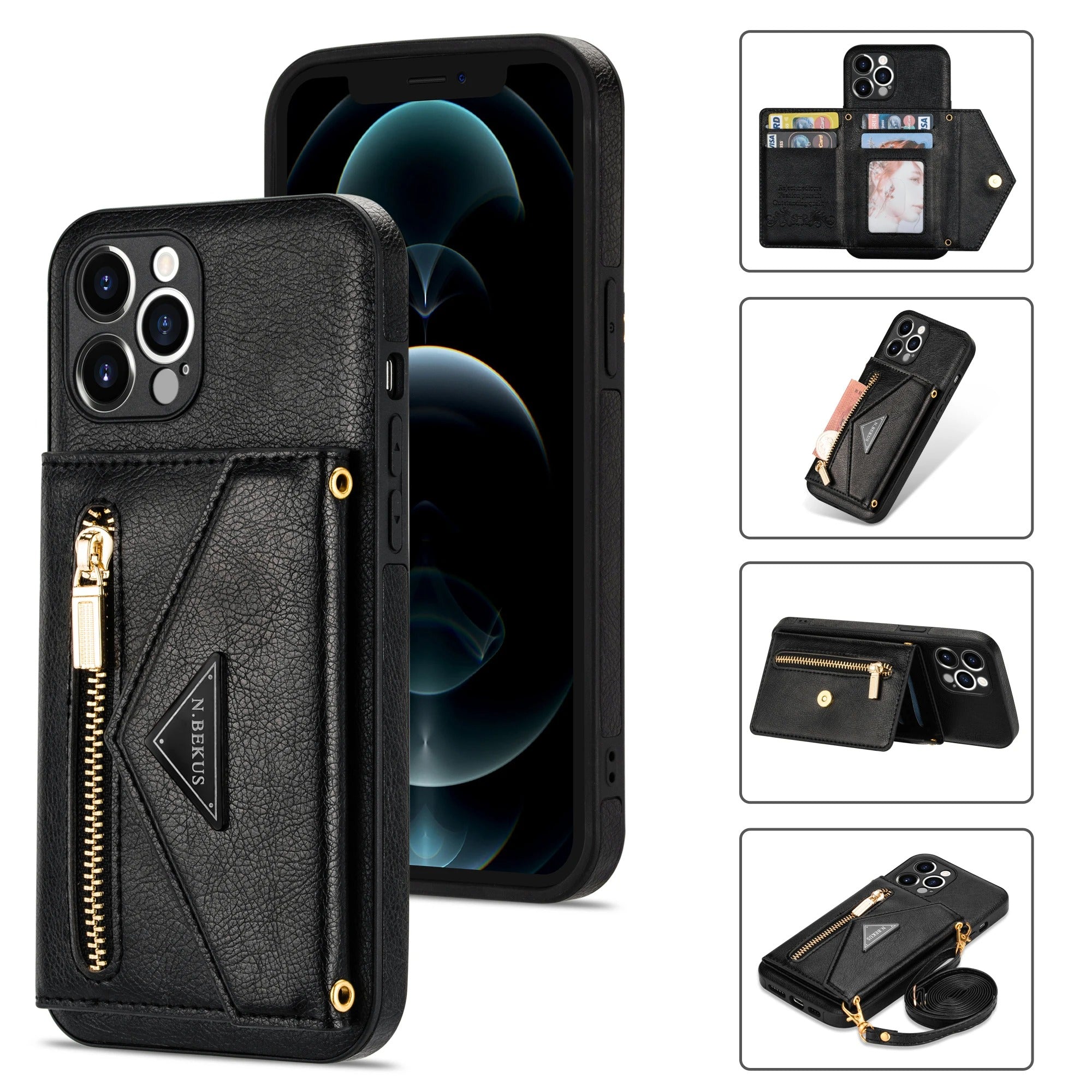 Luxury iPhone Case — PU Leather Crossbody Wallet Cover with Zipper Pocket, Card Holder, Long Lanyard Strap and Shockproof Protective Design