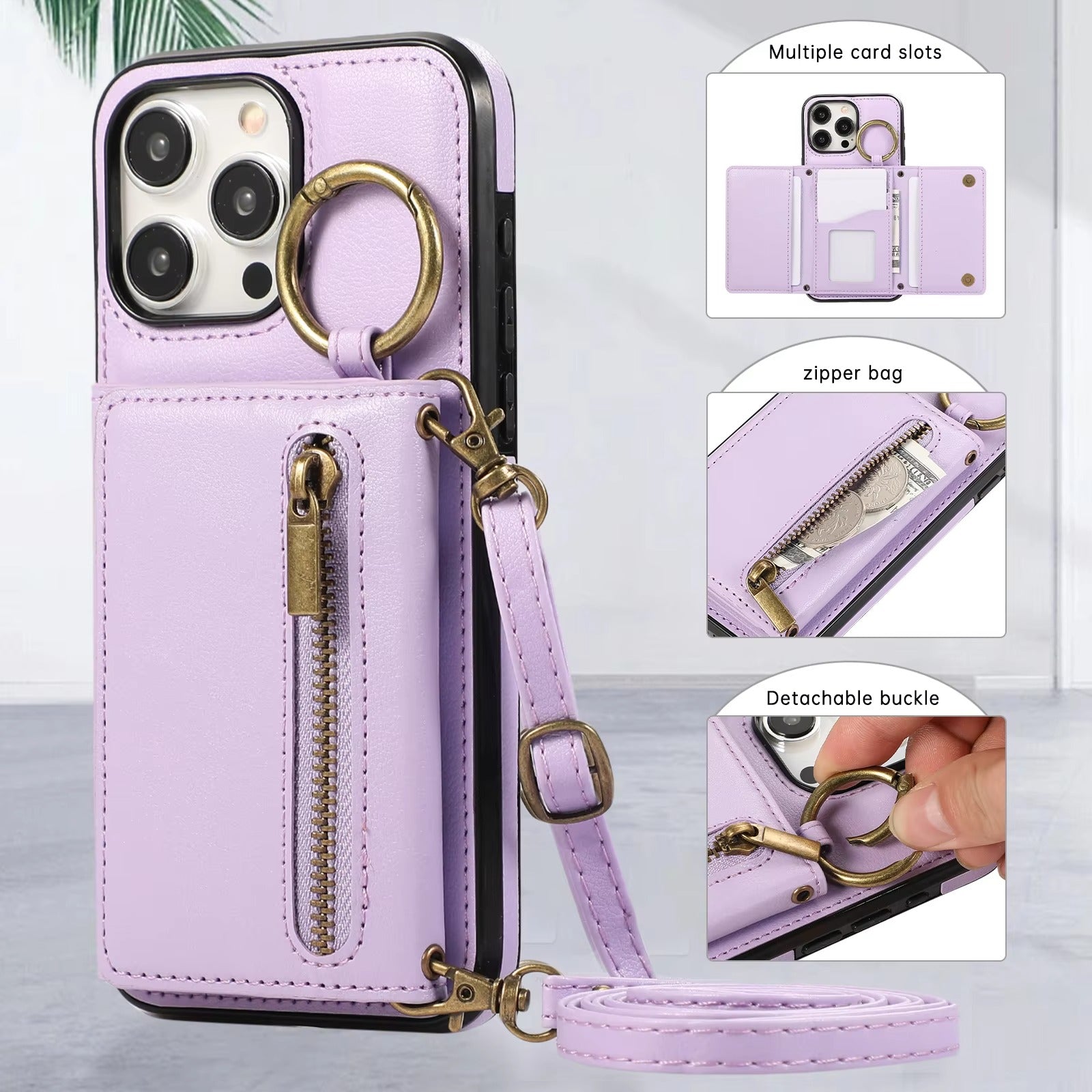 Luxury iPhone Case — PU Leather Crossbody Zipper Wallet Cover with Ring Holder, Card Slot Storage and Anti-Fingerprint Shockproof Protection