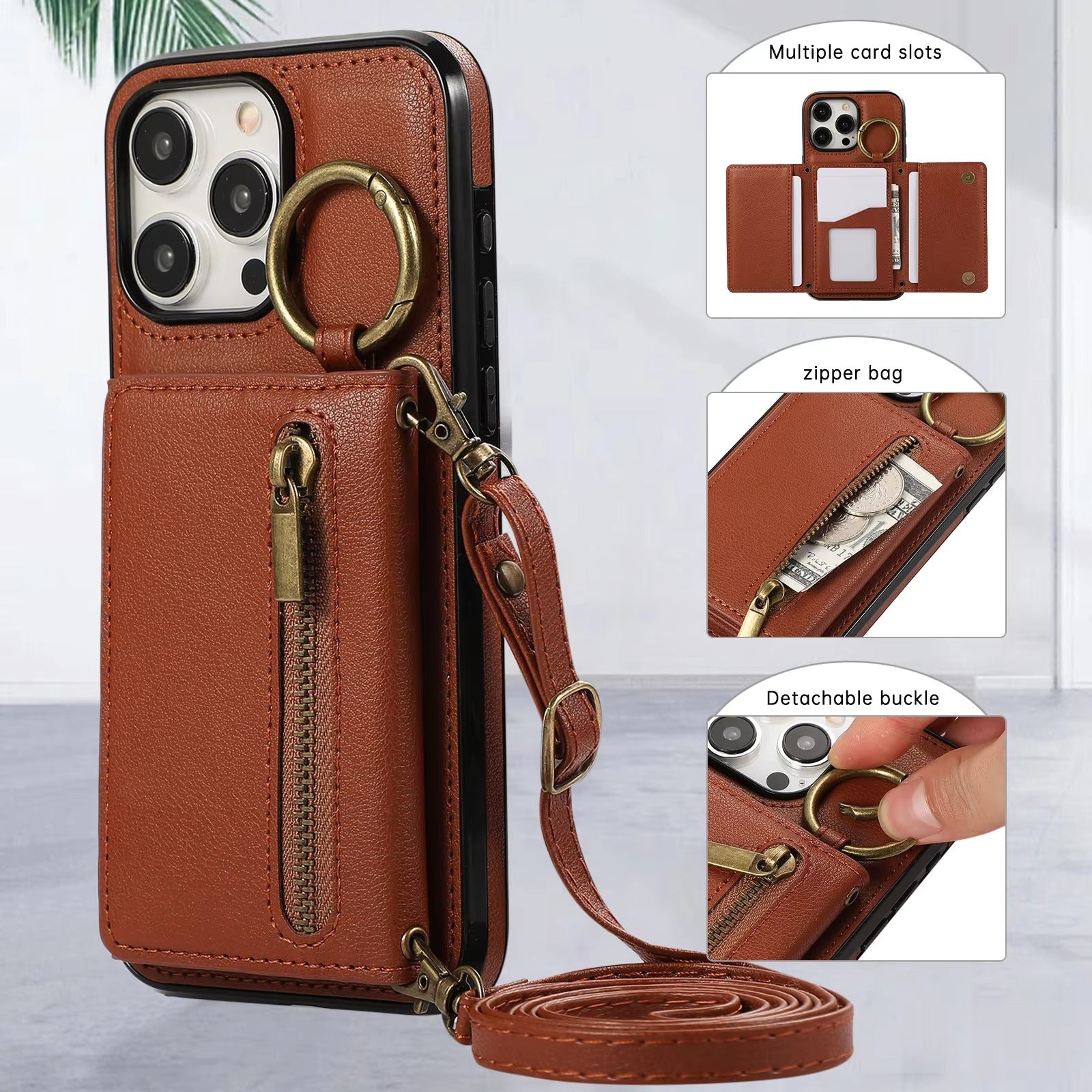 Luxury iPhone Case — PU Leather Crossbody Zipper Wallet Cover with Ring Holder, Card Slot Storage and Anti-Fingerprint Shockproof Protection