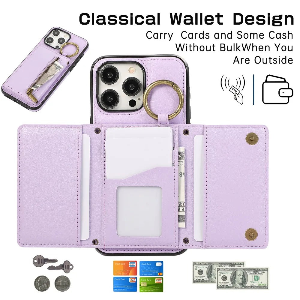 Luxury iPhone Case — PU Leather Crossbody Zipper Wallet Cover with Ring Holder, Card Slot Storage and Anti-Fingerprint Shockproof Protection