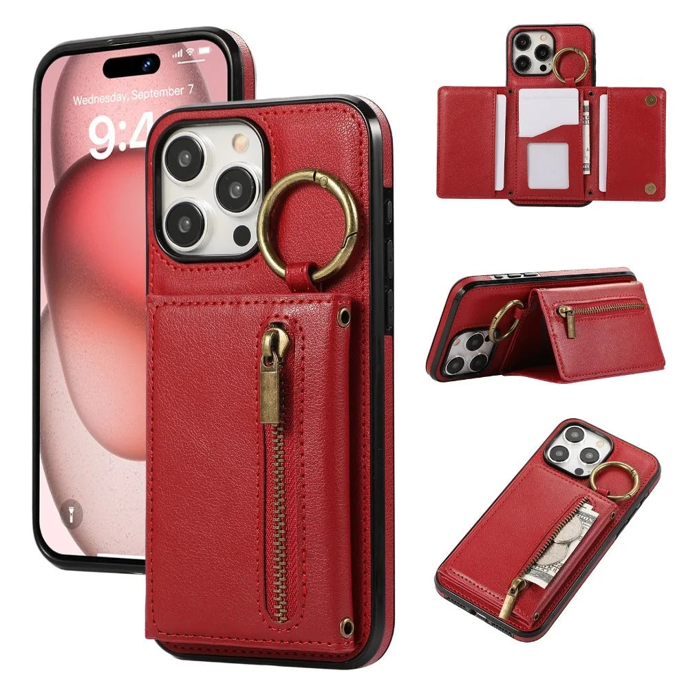 Luxury iPhone Case — PU Leather Crossbody Zipper Wallet Cover with Ring Holder, Card Slot Storage and Anti-Fingerprint Shockproof Protection