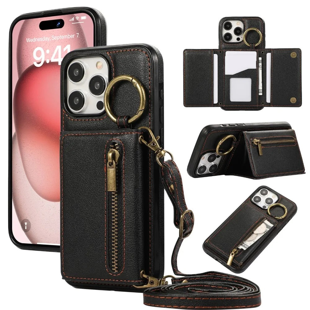 Luxury iPhone Case — PU Leather Crossbody Zipper Wallet Cover with Ring Holder, Card Slot Storage and Anti-Fingerprint Shockproof Protection