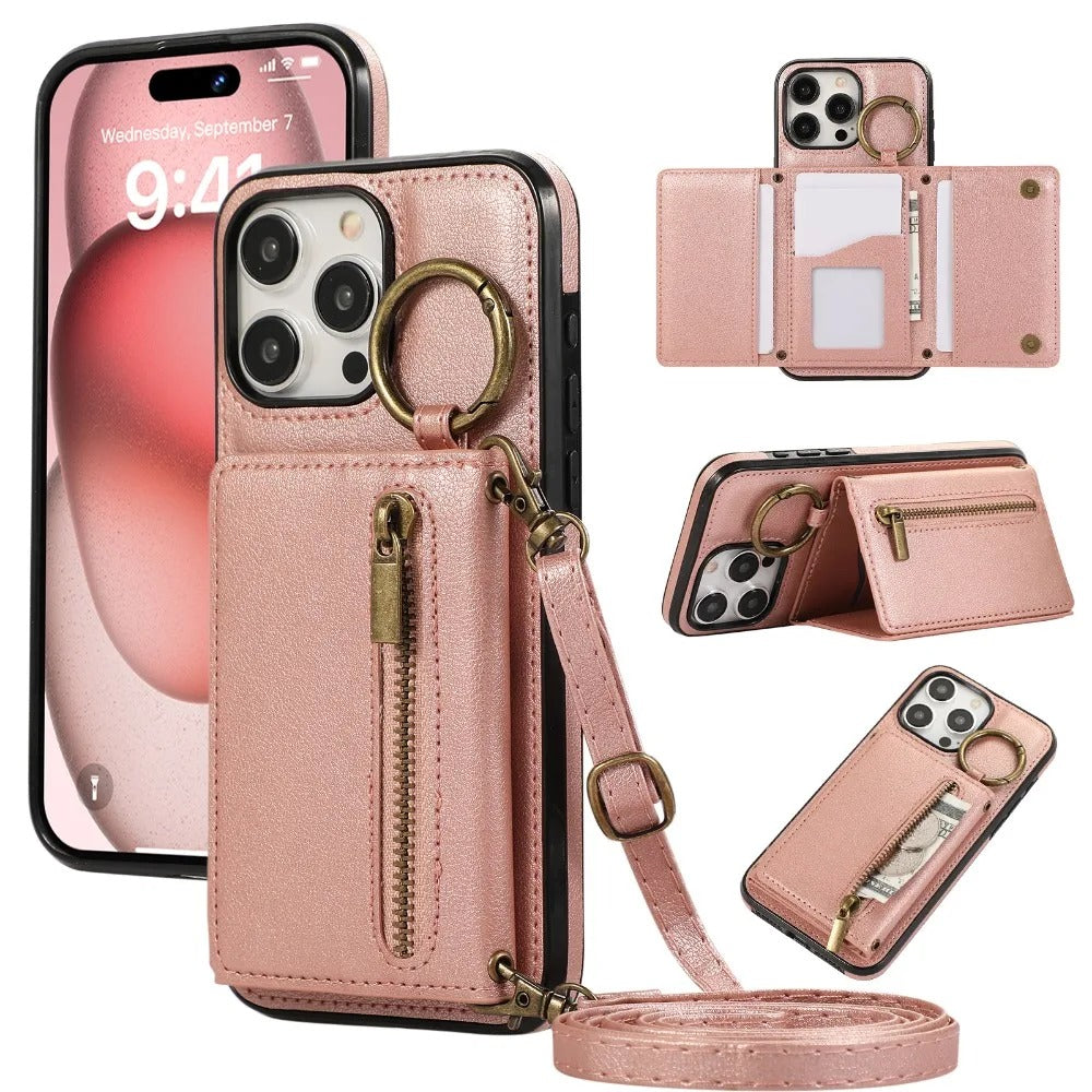 Luxury iPhone Case — PU Leather Crossbody Zipper Wallet Cover with Ring Holder, Card Slot Storage and Anti-Fingerprint Shockproof Protection