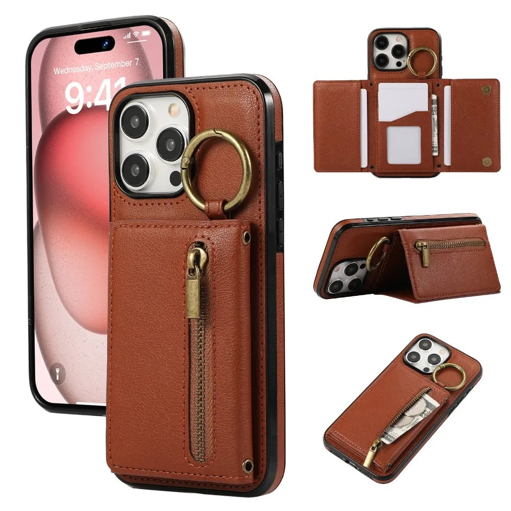 Luxury iPhone Case — PU Leather Crossbody Zipper Wallet Cover with Ring Holder, Card Slot Storage and Anti-Fingerprint Shockproof Protection
