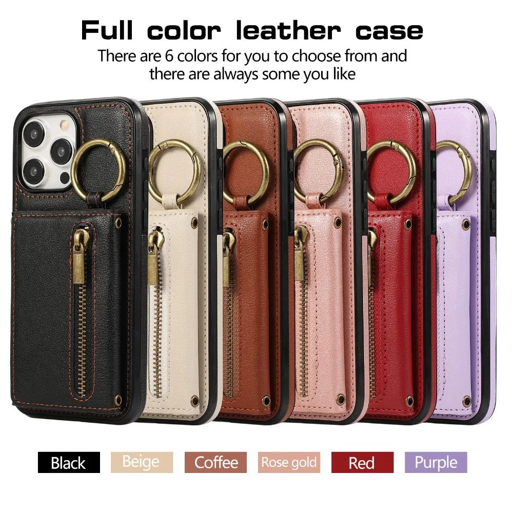 Luxury iPhone Case — PU Leather Crossbody Zipper Wallet Cover with Ring Holder, Card Slot Storage and Anti-Fingerprint Shockproof Protection