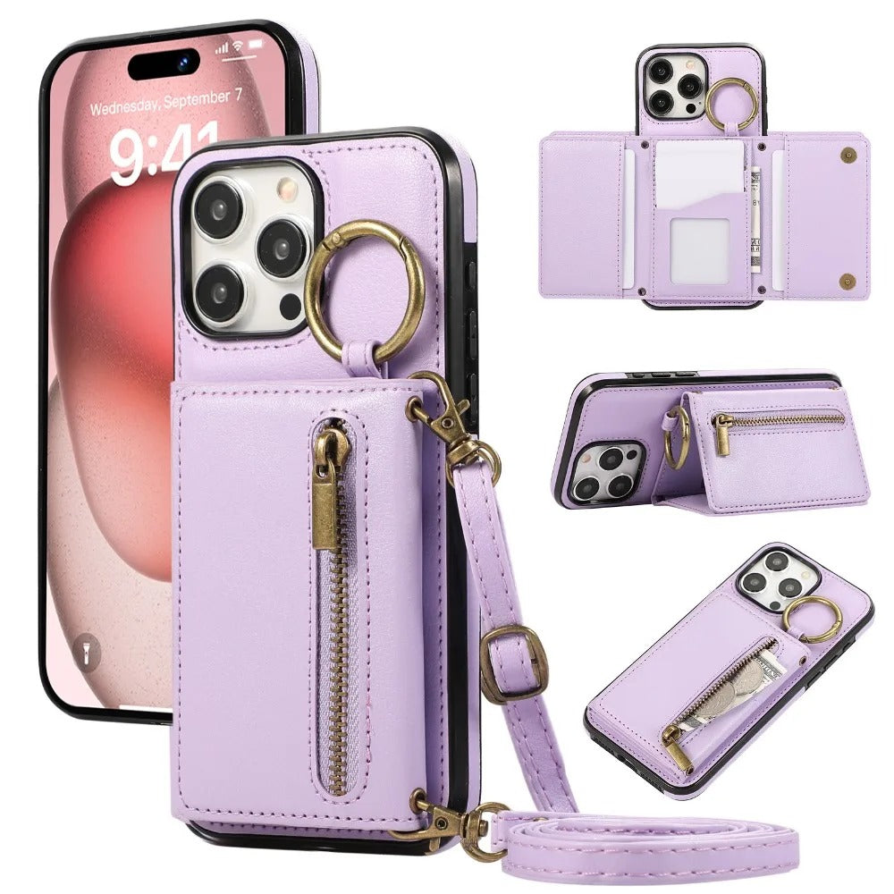 Luxury iPhone Case — PU Leather Crossbody Zipper Wallet Cover with Ring Holder, Card Slot Storage and Anti-Fingerprint Shockproof Protection