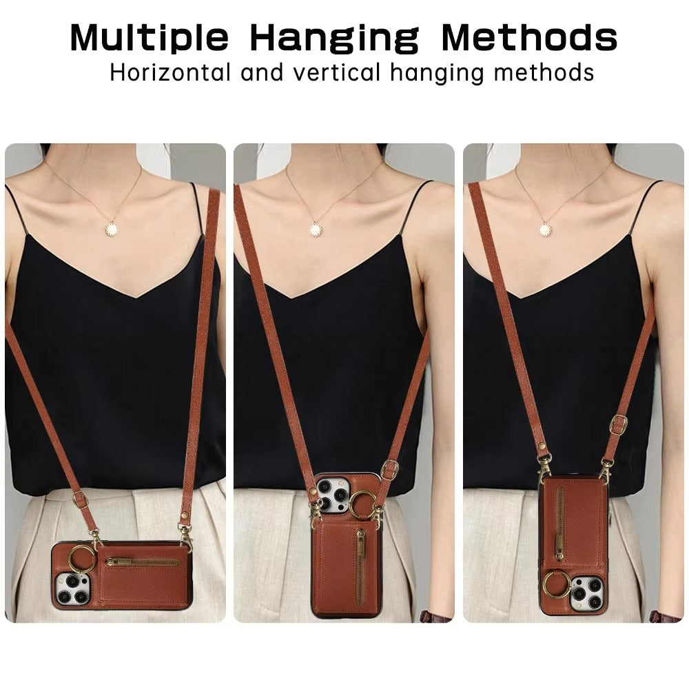 Luxury iPhone Case — PU Leather Crossbody Zipper Wallet Cover with Ring Holder, Card Slot Storage and Anti-Fingerprint Shockproof Protection