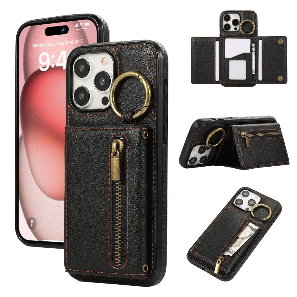 Luxury iPhone Case — PU Leather Crossbody Zipper Wallet Cover with Ring Holder, Card Slot Storage and Anti-Fingerprint Shockproof Protection