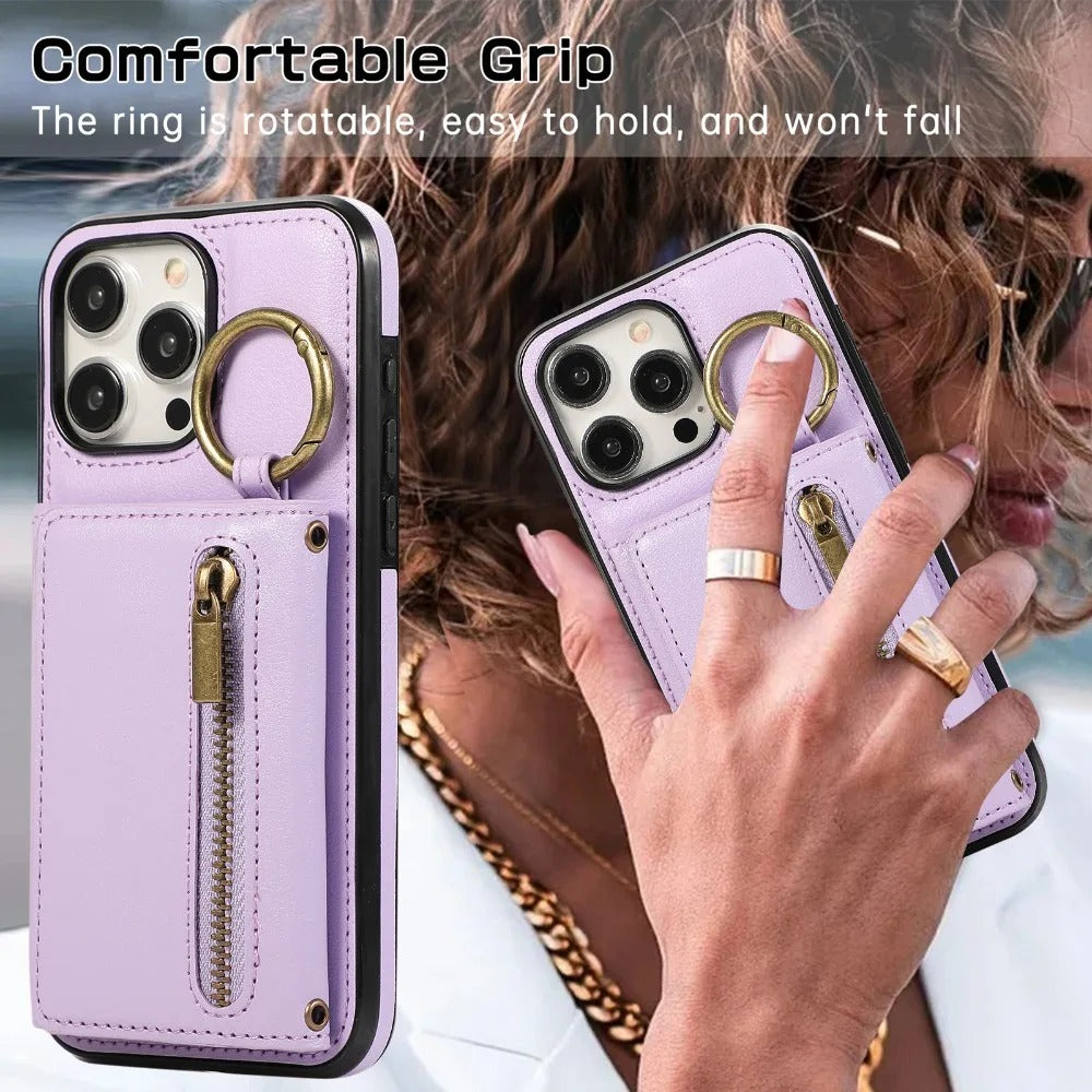 Luxury iPhone Case — PU Leather Crossbody Zipper Wallet Cover with Ring Holder, Card Slot Storage and Anti-Fingerprint Shockproof Protection